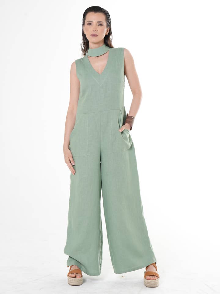 Long Linen Jumpsuit In Green for wholesale by Metamorphoza