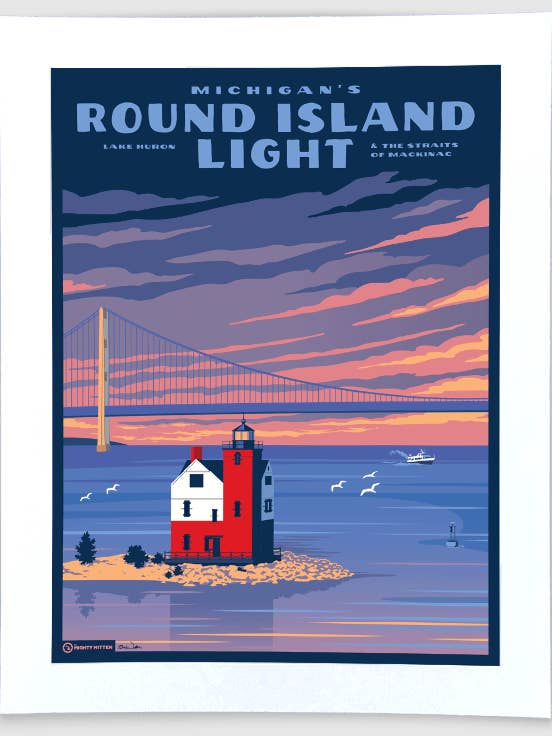 Round Island Lighthouse - Michigan Travel Art Print for wholesale by The Mighty Mitten