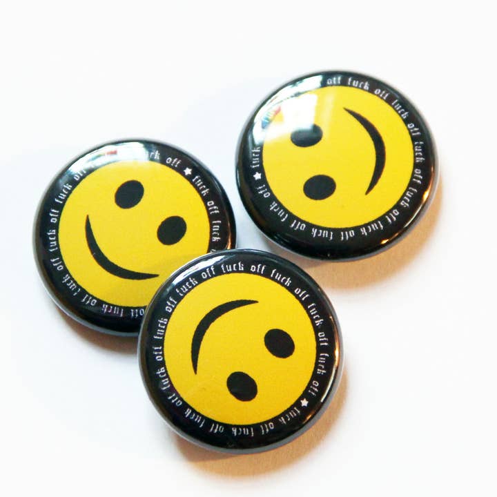 F-Off Smiley One Inch Button for wholesale by Midge Blitz