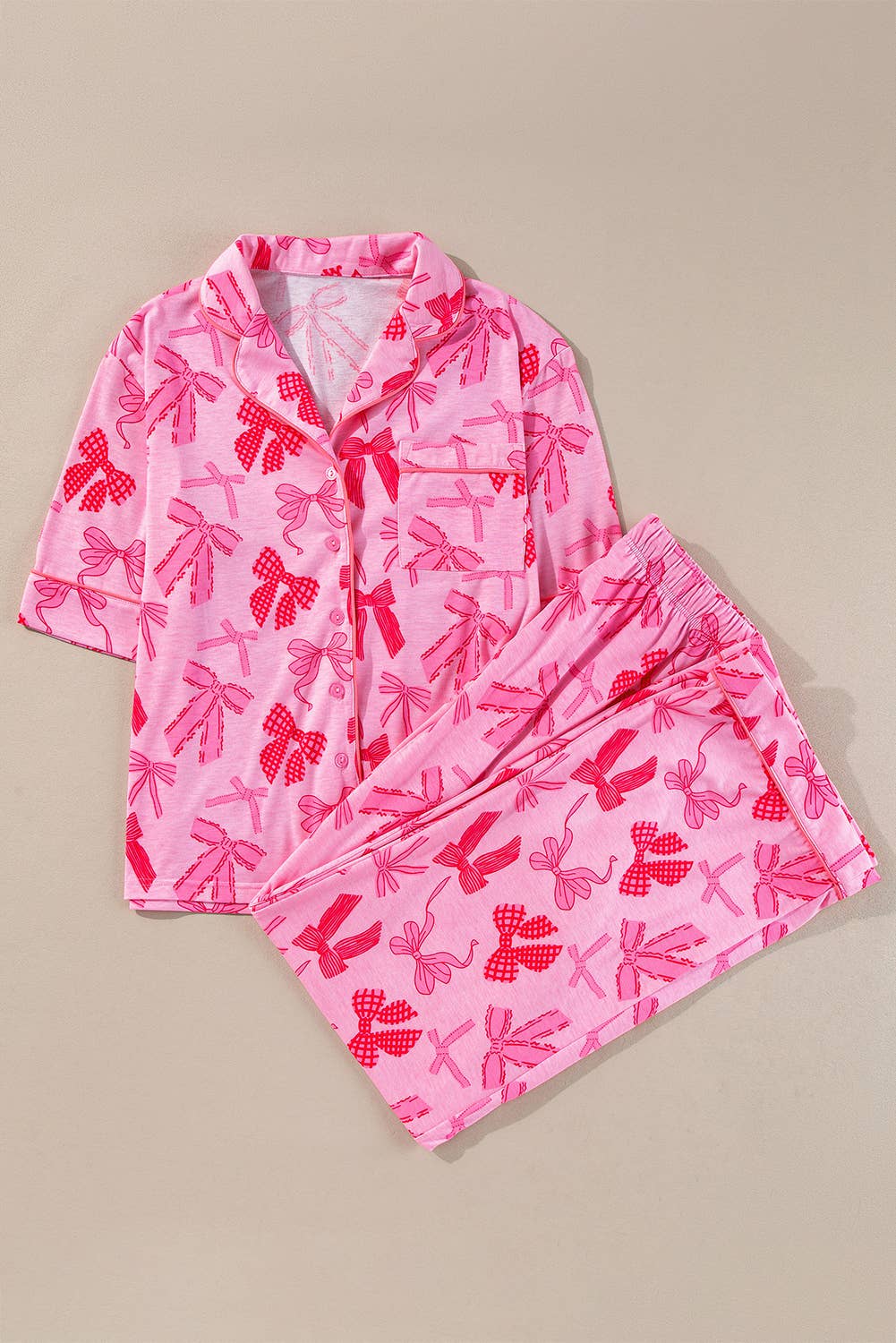 Pink Bow Knot Print Short Sleeve Top and Pants Pajamas Set for wholesale on Faire7