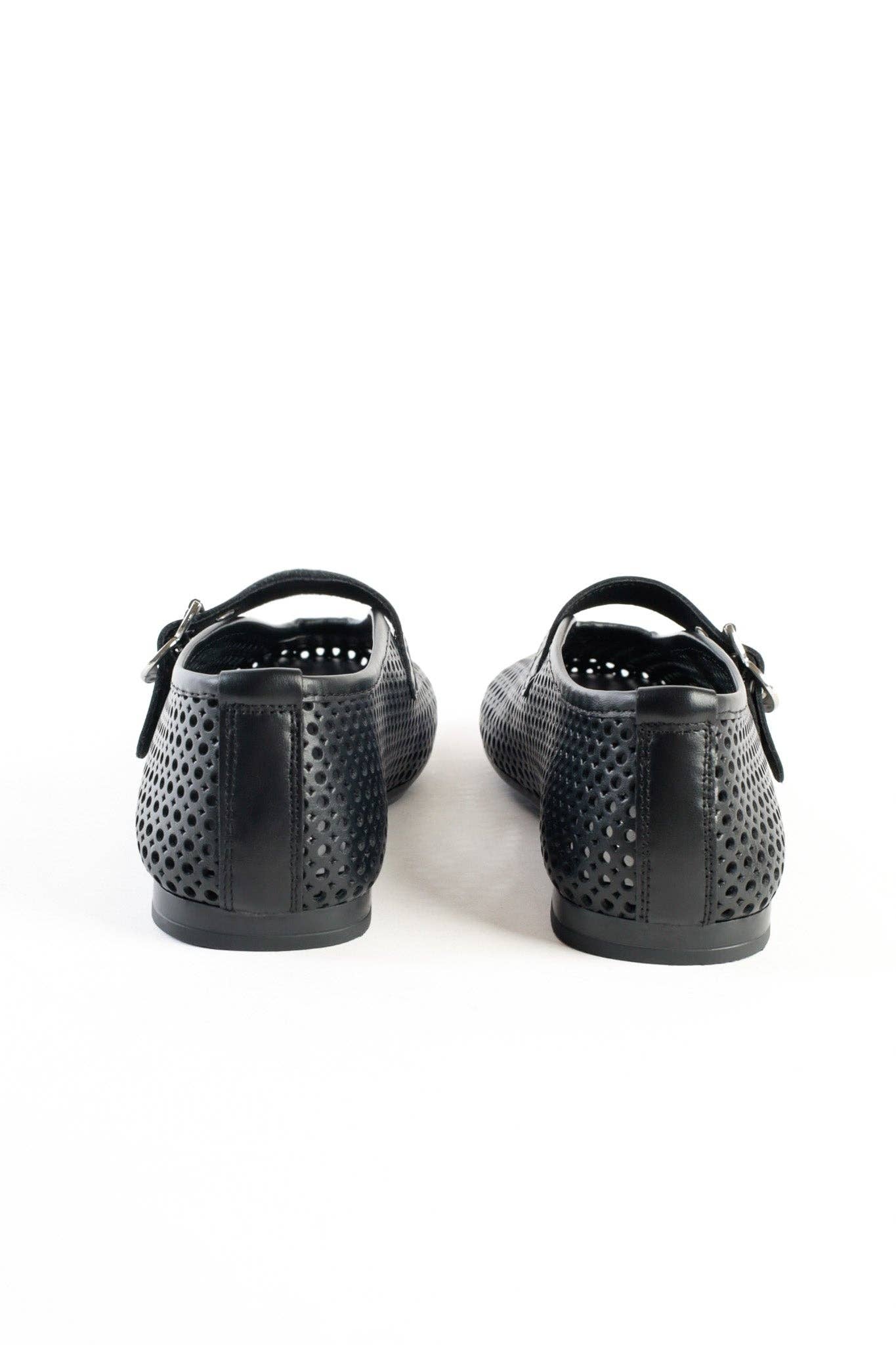KMB Shoes - Wholesale Flats - Women's - CARROLL BLACK - Perforated Leather Ballet Flats with Buckle3