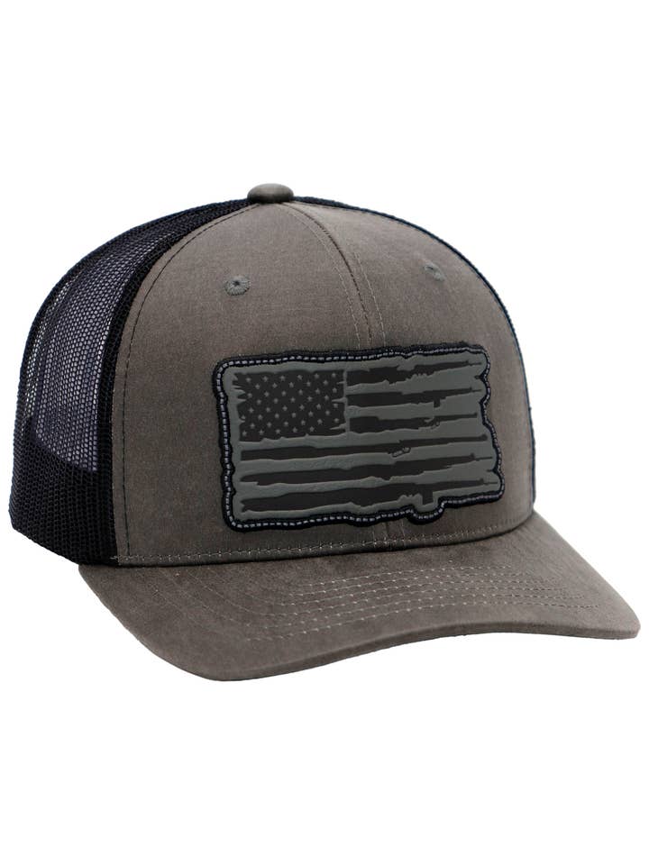 Rifle American Flag Oiled Faux Leather Trucker Hat for wholesale by Cap Zone