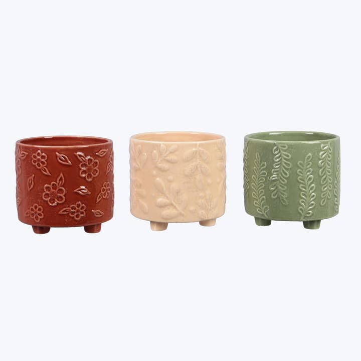 Young's - Wholesale Plant Pot - Ceramic Floral Designs Planter with Feet - Assorted Set