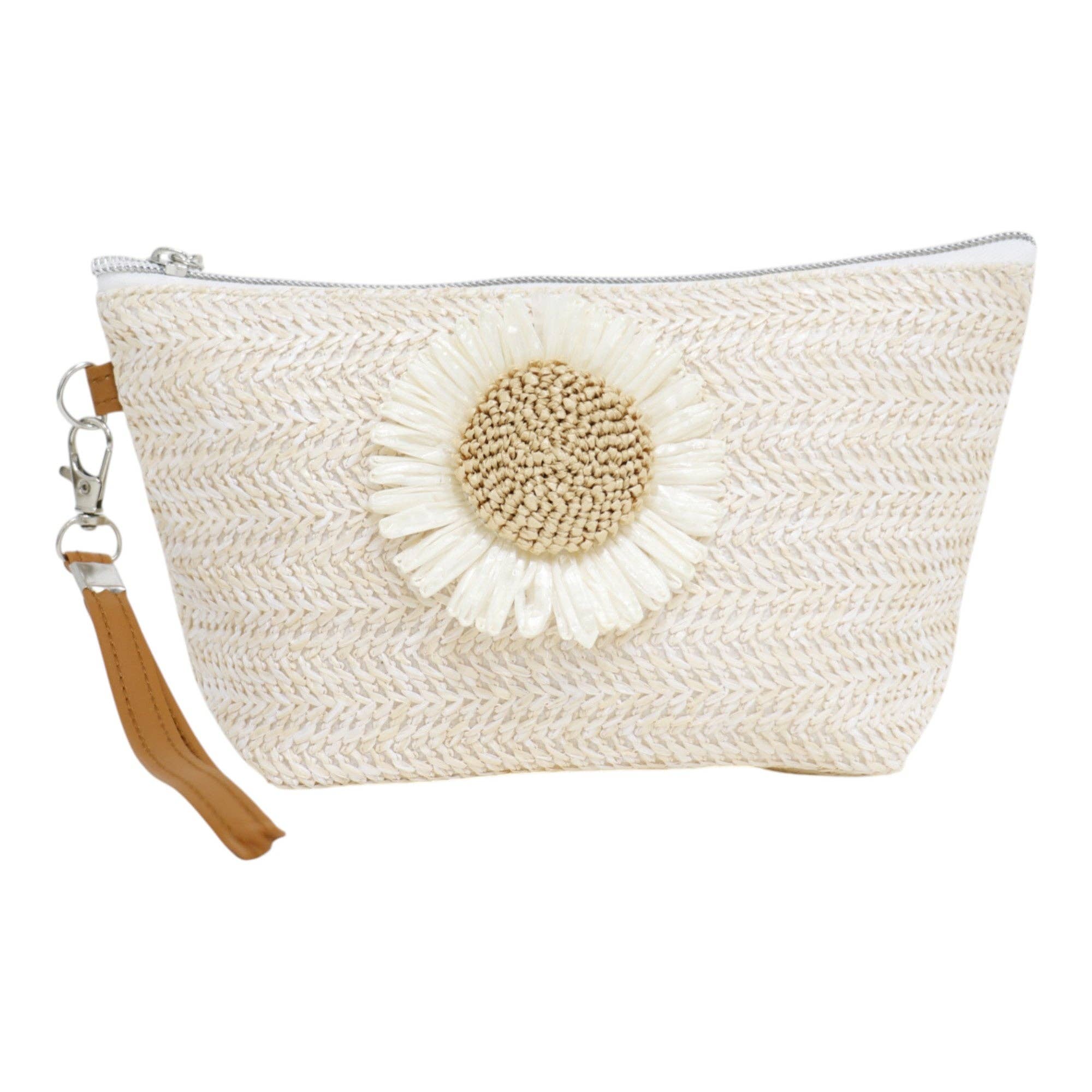 ASSORTED Daisy Flower Straw Makeup Pouch JB5526-7. (12PC) for wholesale on Faire3