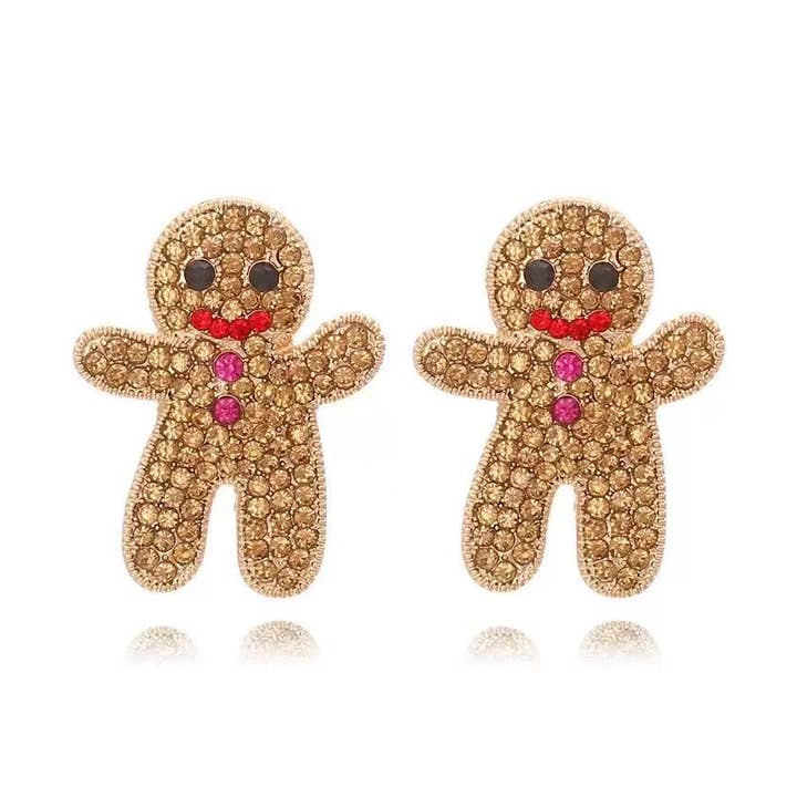 Cute Pair of Jeweled Gingerbread Man Earrings for Women for wholesale by Purple Myrtle