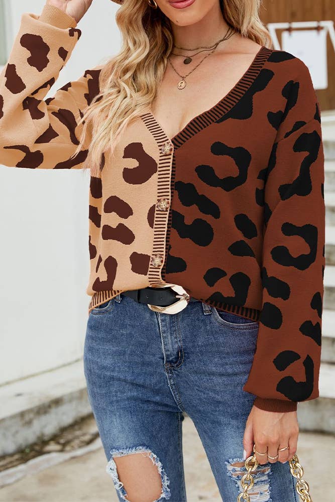 UNISHE - Wholesale Cardigan - Women's - V Neck Button Leopard Colorblock Cardigan MD0070
