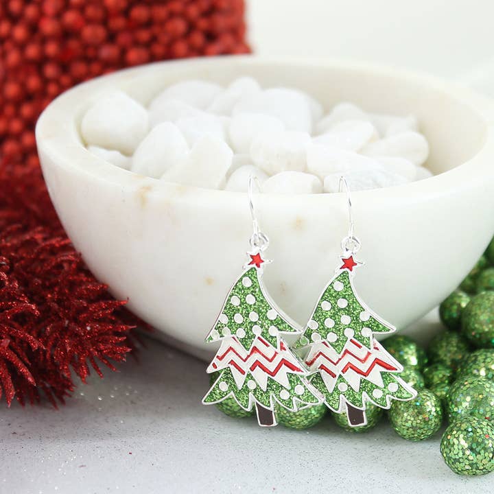 Seasons Jewelry - Wholesale Dangle Earrings - Funky Enamel Christmas Tree Earrings