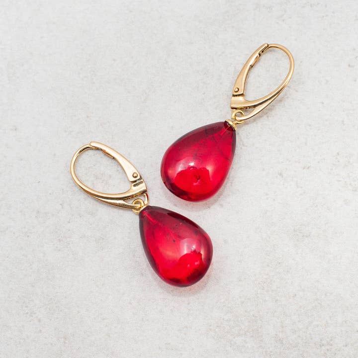 Amber Charm - Wholesale Dangle Earrings - Teardrop Red Amber Earrings Ruby Baltic Amber Earrings Gold