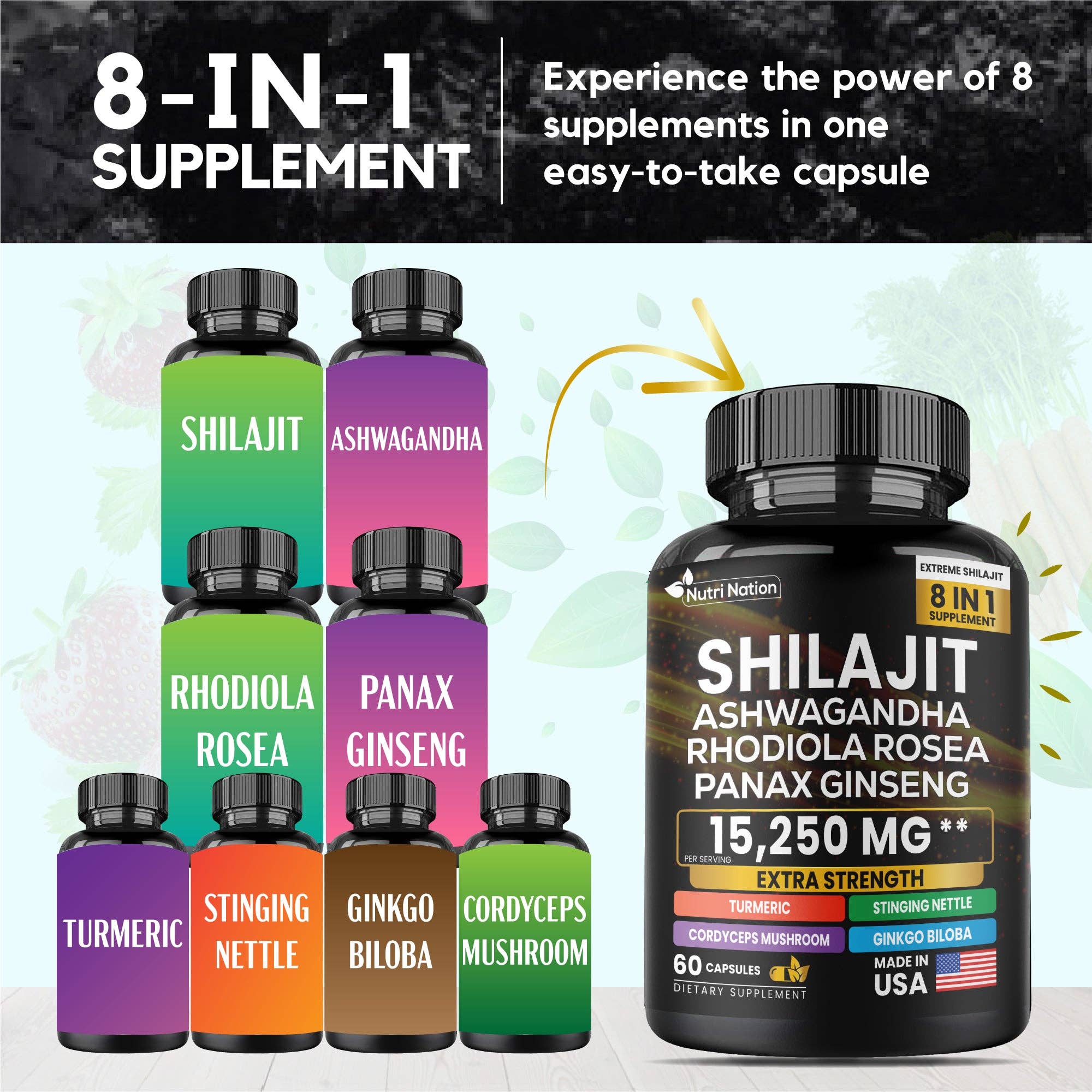 Nutri Nation - Vendita all'ingrosso Vitamine/integratori orali - Shilajit Ashwagandha Rhodiola Rosea Panax Ginseng 15.220 mg 8 in 1 (60 capsule)3