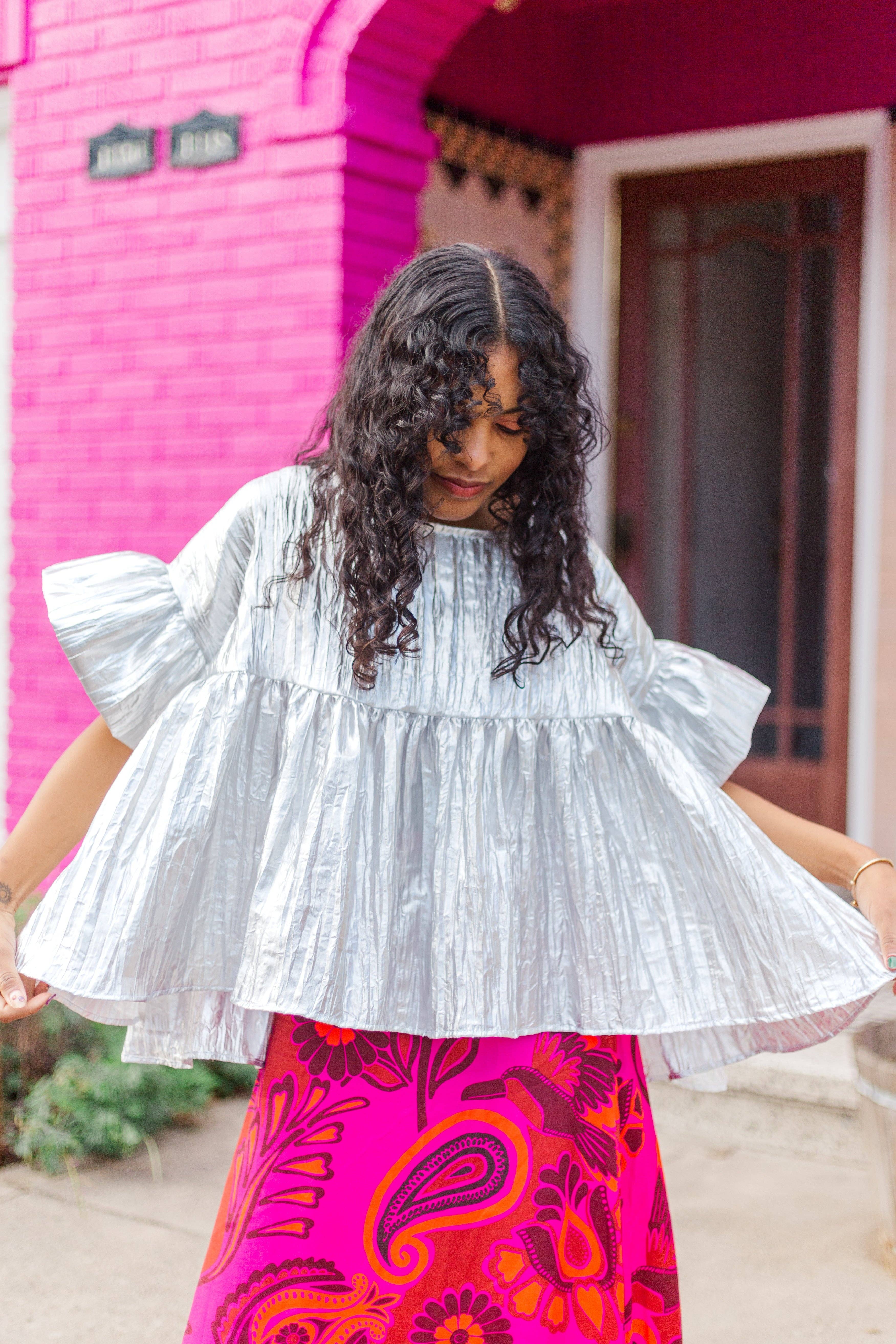 Nettle Studios - Wholesale Blouse - Women's - Size-Inclusive Plus Size Womens Silver Metallic Gathered Top17