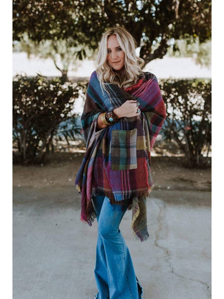 Cozy Plaid Pocket Ruana Wrap - Fuchsia for wholesale on Faire1