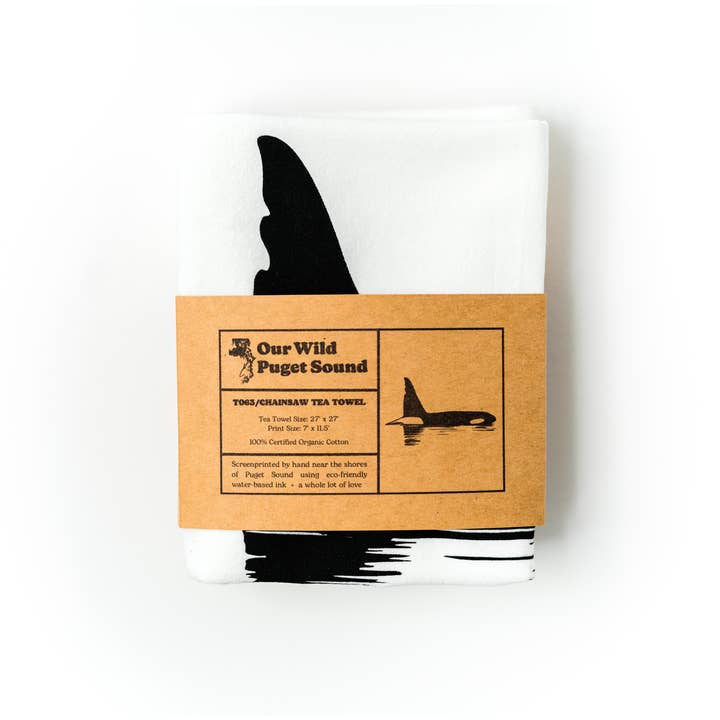Our Wild Puget Sound - Venta al por mayor Paños de cocina - Paño de cocina estampado 100% algodón Chainsaw the Orca1