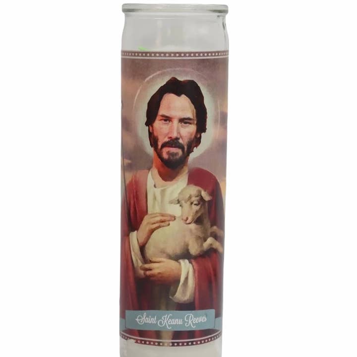 Keanu Reeves Devotional Prayer Saint Candle for wholesale by The Luminary and Co.