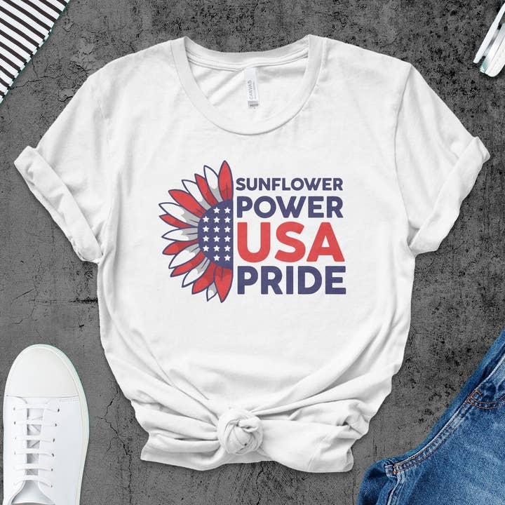 Camiseta Patriotic Sunflower, Camisa com Bandeira do Orgulho dos EUA, T-shirt com gráfico de girassol americano por atacado de FreakyTeeFactory