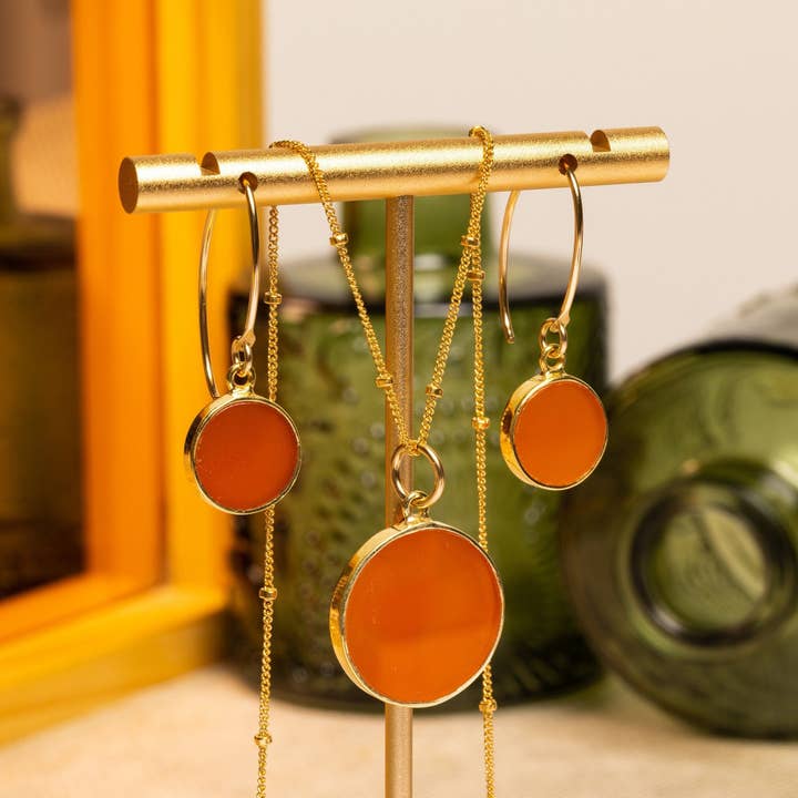 Red Onyx Circles Earrings and Necklace Set (Satellite Chain) for wholesale by Soul & Little Rose