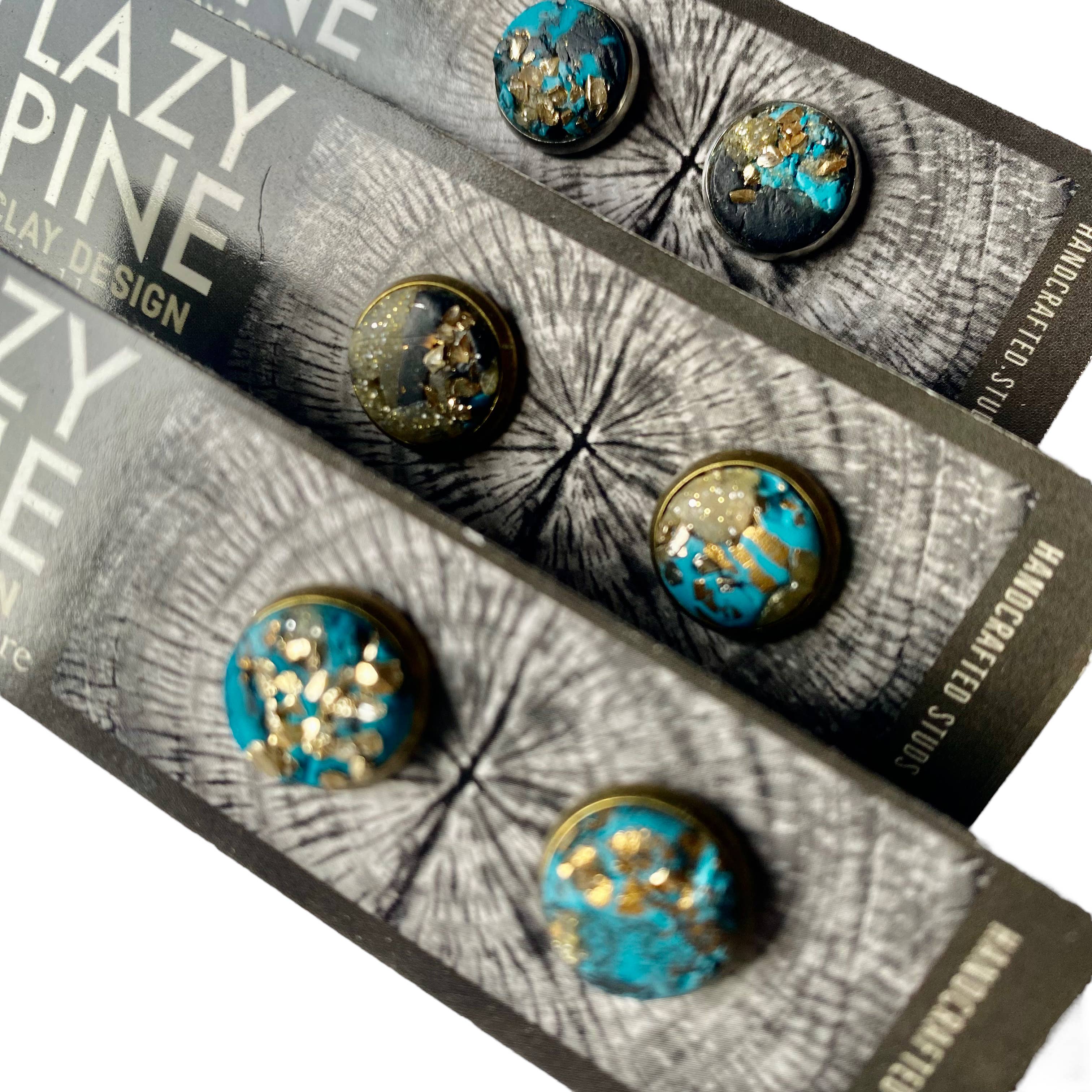 Lazy Pine Clay Design - Wholesale Jewelry Set - Turquoise & Gold  Framed Stud Sets1
