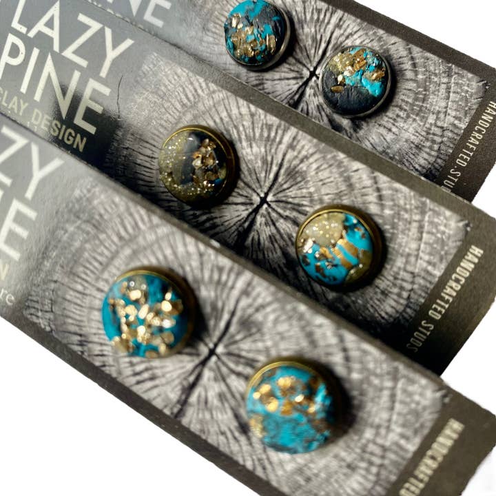 Lazy Pine Clay Design - Wholesale Jewelry Set - Turquoise & Gold Framed Stud Sets1