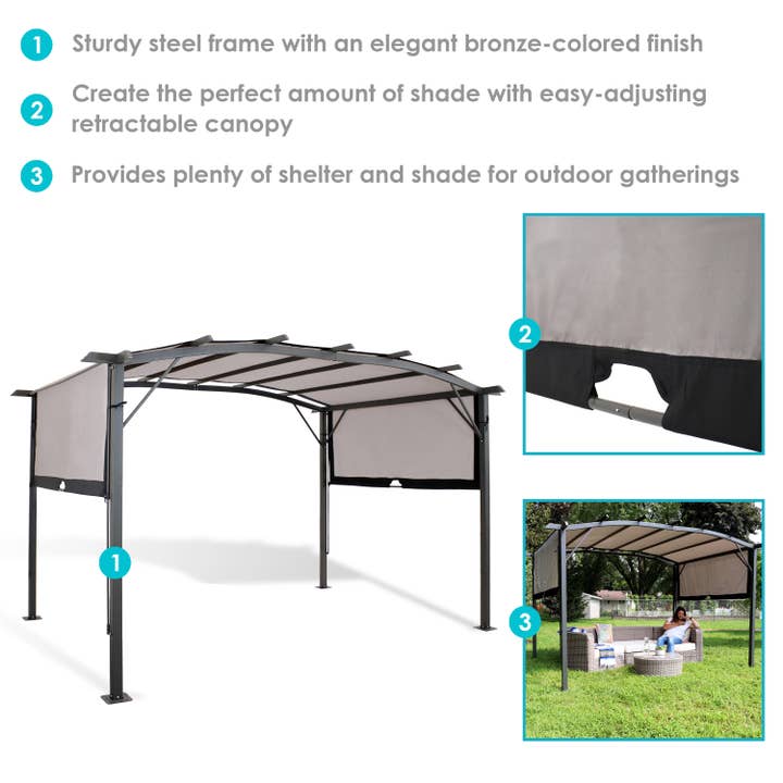 Sunnydaze Decor - Wholesale Outdoor Ornament/Decor - 9 x 12 Metal Arched Pergola with Retractable Canopy - Gray2