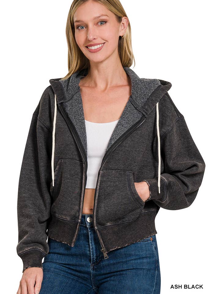 42POPS - Wholesale Hoodie – Women's - .....SI-25313 Acid Wash Fleece Cropped Zip Up Hoodie