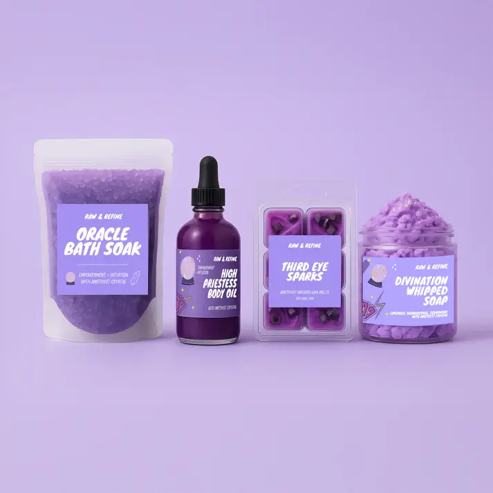 Raw & Refine – wholesale Bath/body oil – The High Priestess Body Oil - Empowerment & Intuition - Amethyst Crystal Infused3