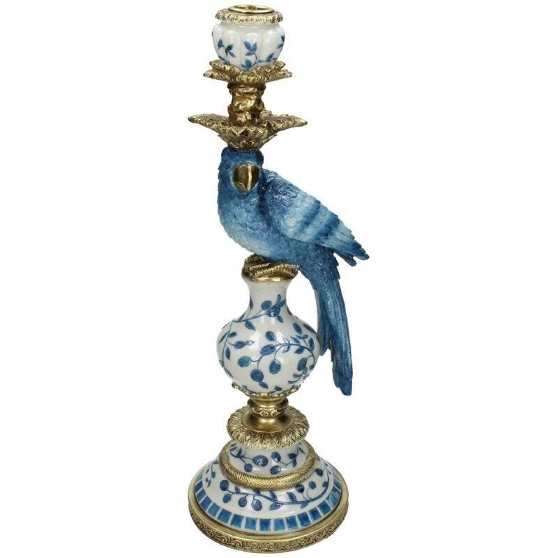 Oasis of Life - Vendita all'ingrosso Portacandele - Candelabro Pappagallo Blu Olandese 40cm – Portacandele dipinto a mano in polystone – Decorazione in stile tropicale – Idea regalo per amanti degli uccelli e fan della porcellana di Delft0