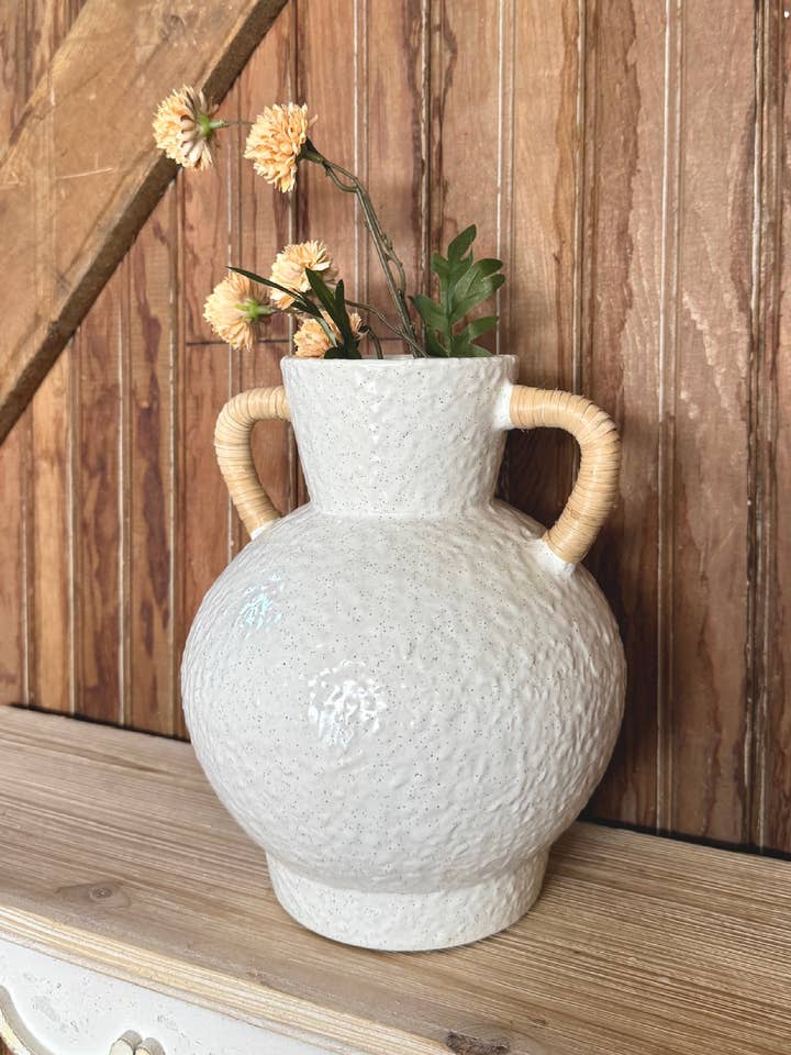 Rattan Wrapped Handle Vase Off White Medium for wholesale by Made Market Co.
