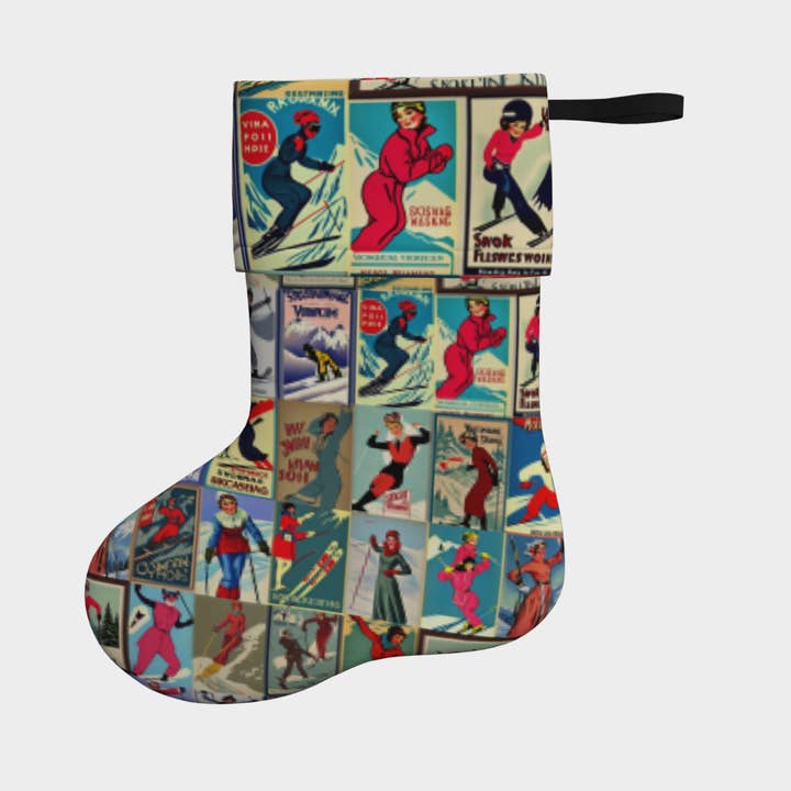 Sofs Designs - Wholesale Holiday Stocking - Stockings, in Vintage Ski inspired Art collage Red 1