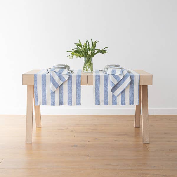 LinenMe - Wholesale Dinner & Cloth Napkin - Linen Napkin Off White Blue Philippe, Striped Washed Linen9