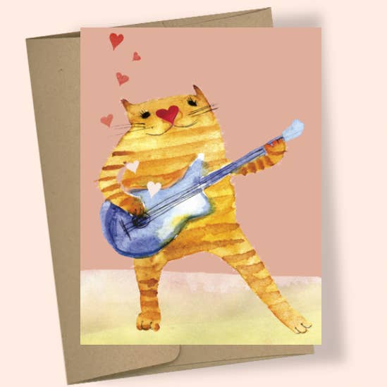 Studio Masha D'yans - Wholesale Everyday Greeting Card - GUITAR CAT WATERCOLOR GREETING CARD