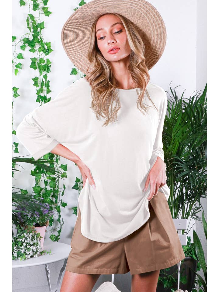 Vine & Love - Vente Haut en maille – femme - Haut en tricot cupro 3/4 à col rond et manches retroussées VT8181013