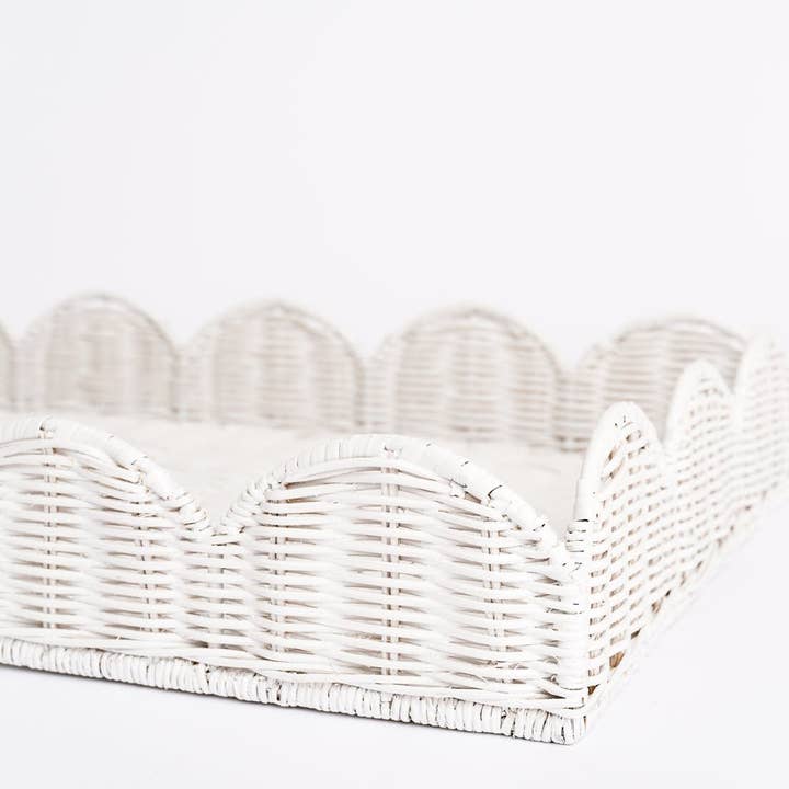 Pomegranate Inc - Wholesale Decorative tray - White Wicker Scalloped Rectangle Tray