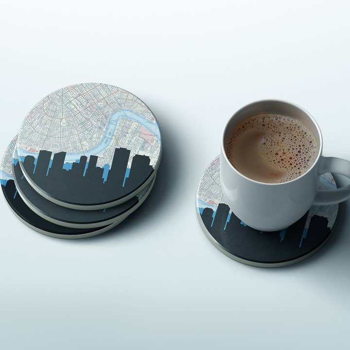 Ensemble de 4 sous-verres La Nouvelle-Orléans | carte + horizon pour la vente par Paperfinch Design