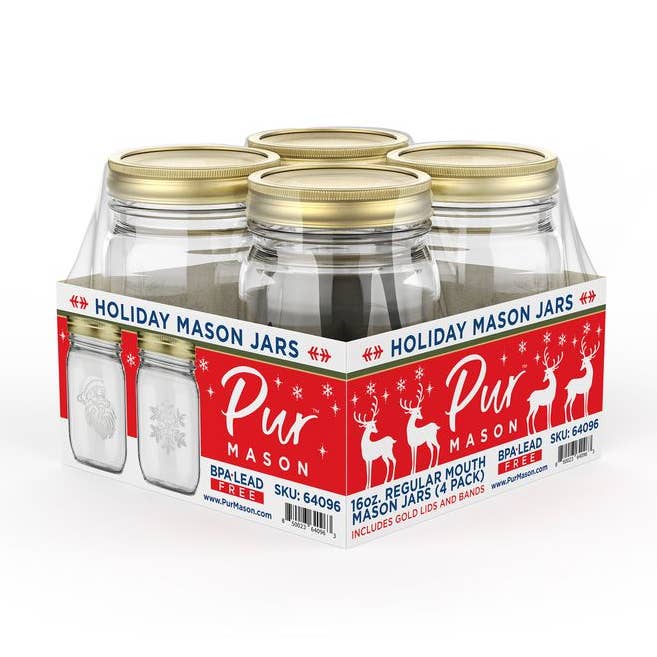16oz Christmas Jar with Santa & Snowflake, Gold Lid - 4 Pack for wholesale by Pur Mason