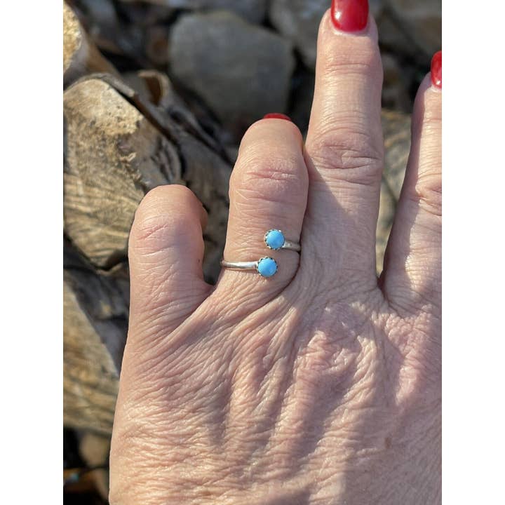 Nizhonitradersllc - Wholesale Single Stone/Solitaire Ring - Navajo Turquoise Double Stone & Sterling Silver Adjustable Ring