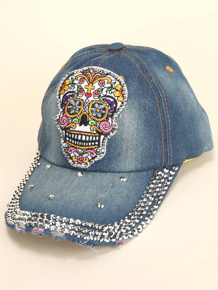 Colorful Sugar Skull Distressed Denim Baseball Cap for wholesale by SP Sophia Collection