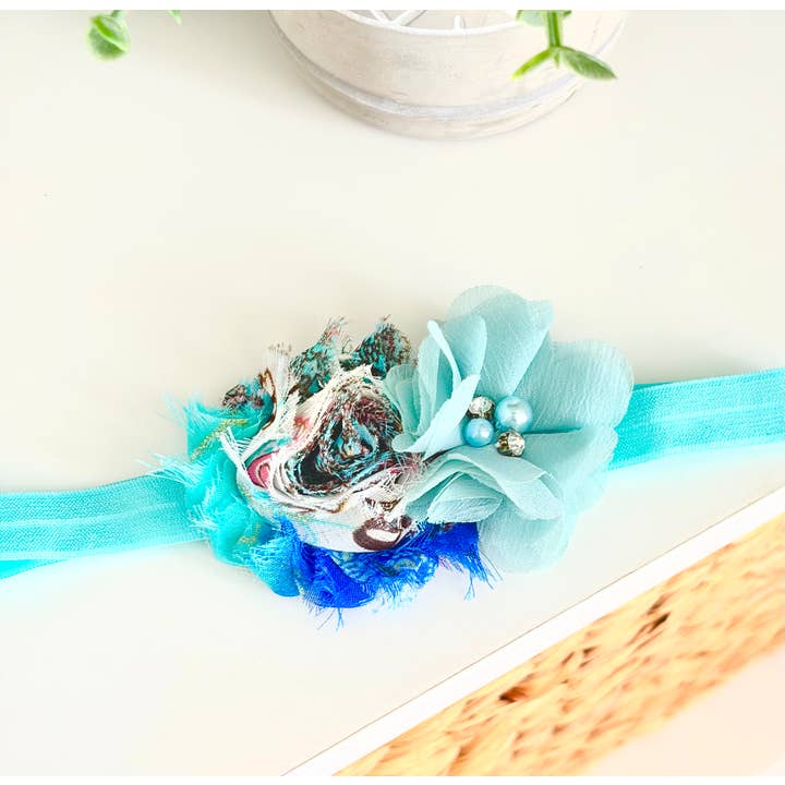 Fascia per capelli vintage azzurro pastello, fascia per capelli con fiore in chiffon per neonati per la vendita all'ingrosso da parte di Jazy and Eve