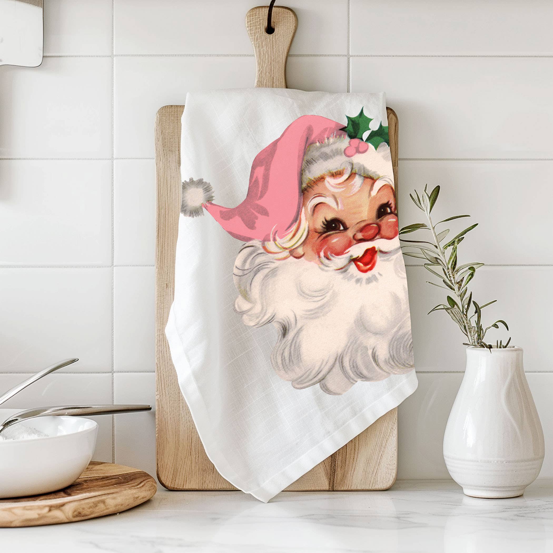 Gia Roma - Wholesale Tea Towel - Vintage Santa Holiday Kitchen Towel & Decor | Pink Christmas21