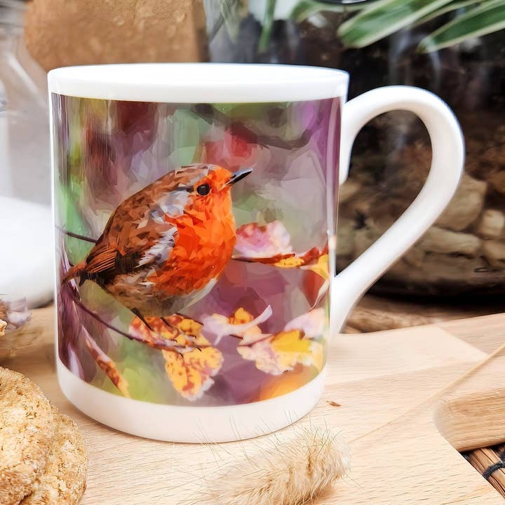 Robin redbreast illustration | Bone China mug | Tea mug for wholesale by Louise Jennifer Design