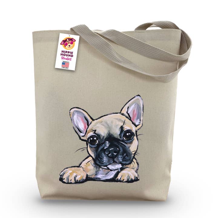 Gusseted Tote Bag, Frenchie Tote, Dog Shopping Bag for wholesale by Hippie Hound Studios