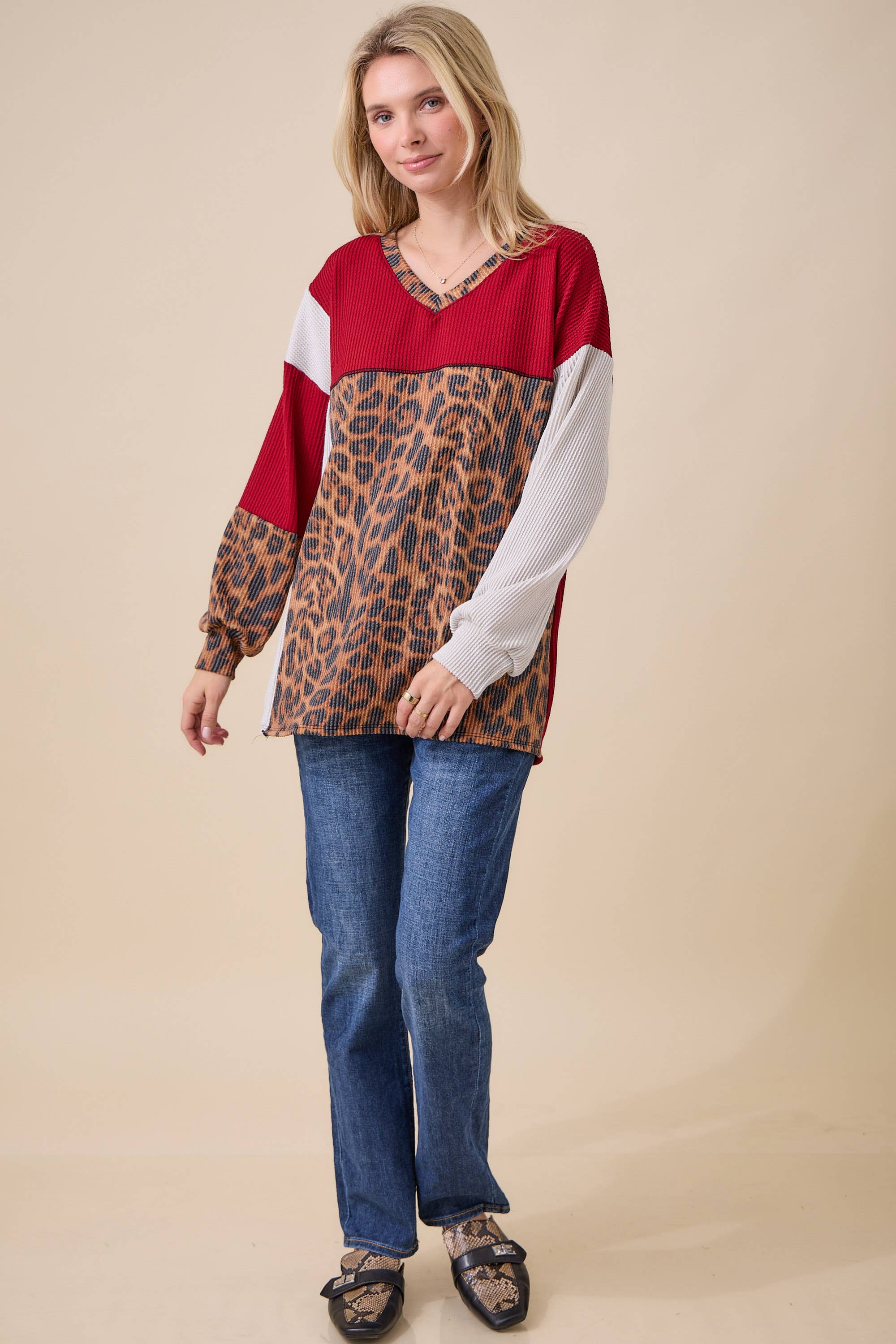 Celeste Clothing - Wholesale Knit Top - Women's - WOMEN'S RIB COLOR BLOCK ANIMAL PRINT LONG SLEEVE TOP27