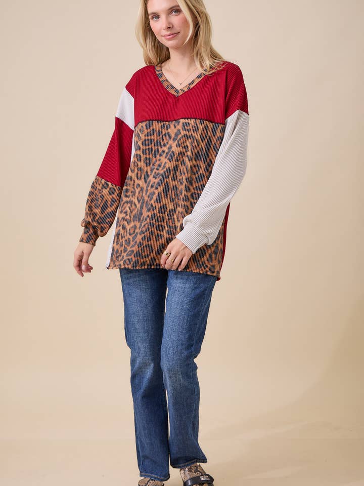 Celeste Clothing - Wholesale Knit Top - Women's - WOMEN'S RIB COLOR BLOCK ANIMAL PRINT LONG SLEEVE TOP27