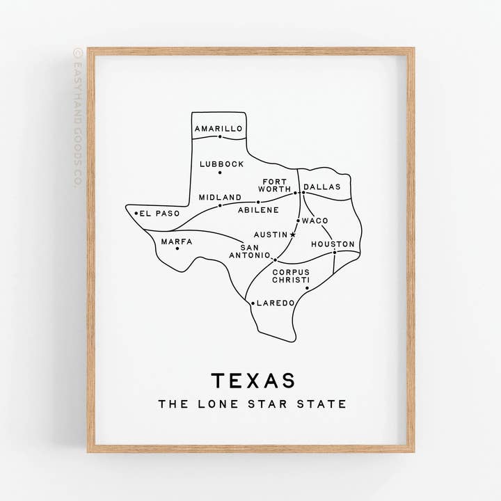 Texas Map Art Print for wholesale by Easyhand Goods – formerly Onderkast