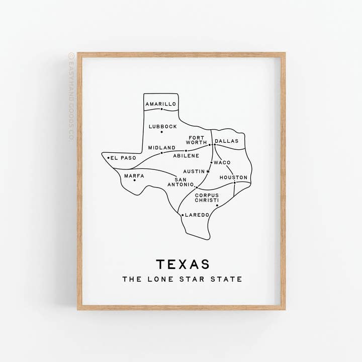 Texas Map Art Print for wholesale by Easyhand Goods – formerly Onderkast