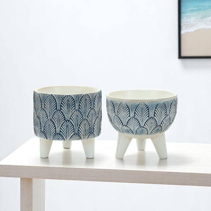 HomeRoots - Wholesale Indoor Pot - Set of Two Blue And White Polyresin Geometric Pot Planters1