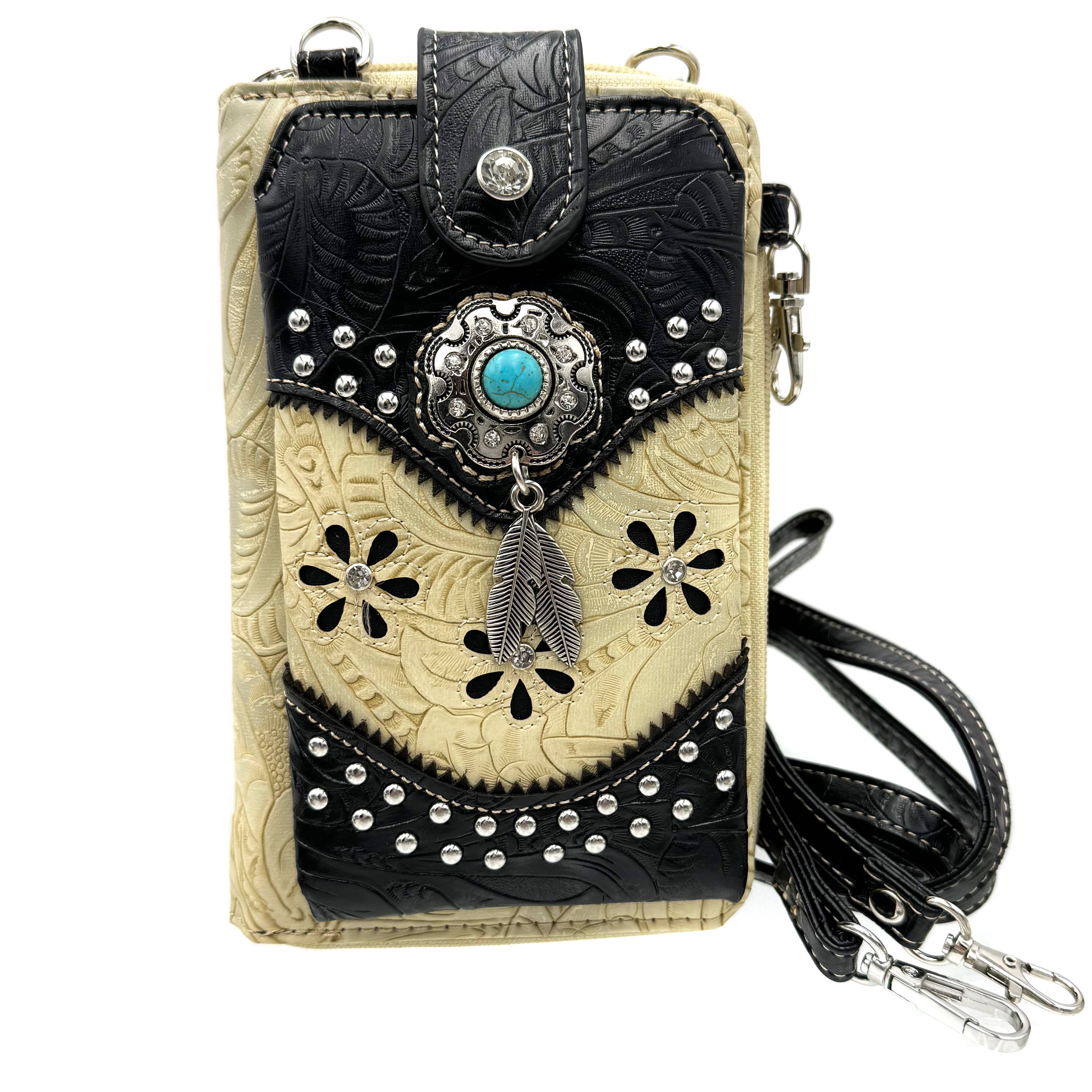 Lunar Deer - Wholesale Phone Wallet - Women's - Turquoise Stone Feather Tooled Leather Western Phone Wallet2