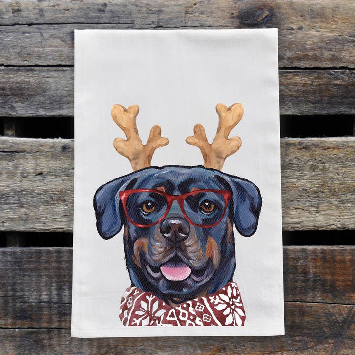 Christmas Tea Towel 'Rottweiler', Cute Holiday Dog Decor for wholesale by Hippie Hound Studios