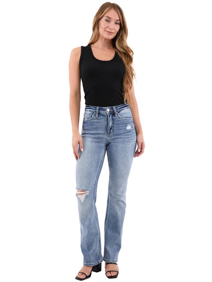 Ripped Medium Wash Jean évasé taille haute déchiré Mia en vente sur Faire4