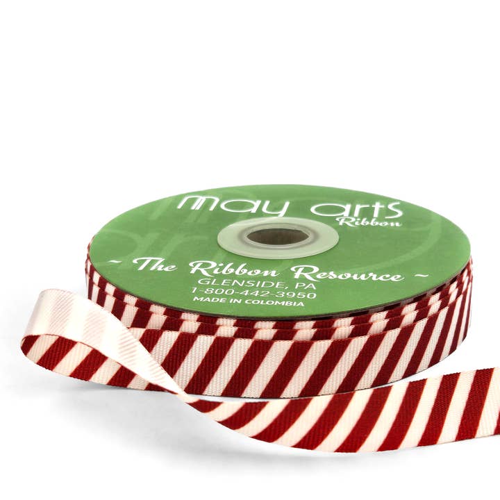 May Arts Ribbon - Wholesale Ribbon - Gift Wrapping - 5/8" Red & Ivory Modern Diagonal Stripe Grosgrain Ribbon