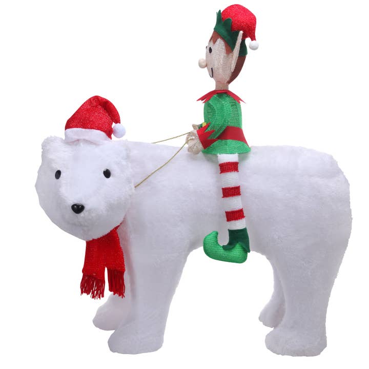 Elf Riding Polar Bear Duo Outdoor Lighted Yard Decor for wholesale by Haute Decor