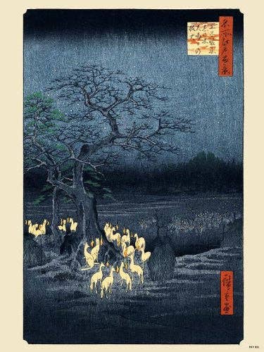Póster japonés Hiroshige con forma de zorro en la noche de Año Nuevo bajo el árbol enoki, cerca de Oji, 30 x 40 cm para venta al por mayor de On The Wall Art Ltd